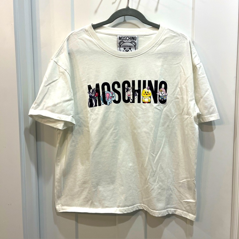 Moschino Calico Animals Logo T-Shirt Stretch Viscose Jersey White Size Large
